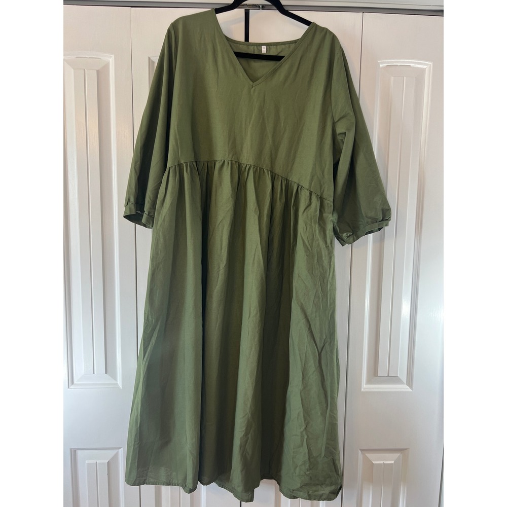 Olive Green V-Neck Babydoll Midi Dress 2XL Linen Blend 3/4 Sleeve Smock Tiered